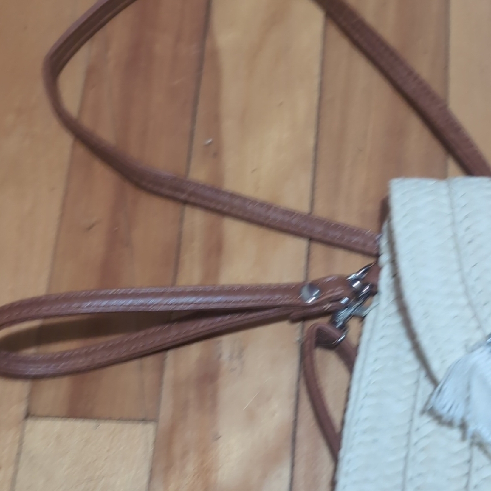 Cream and Brown Woven Crossbody Bag Bejeweled Eye Zipper - Picture 9 of 9